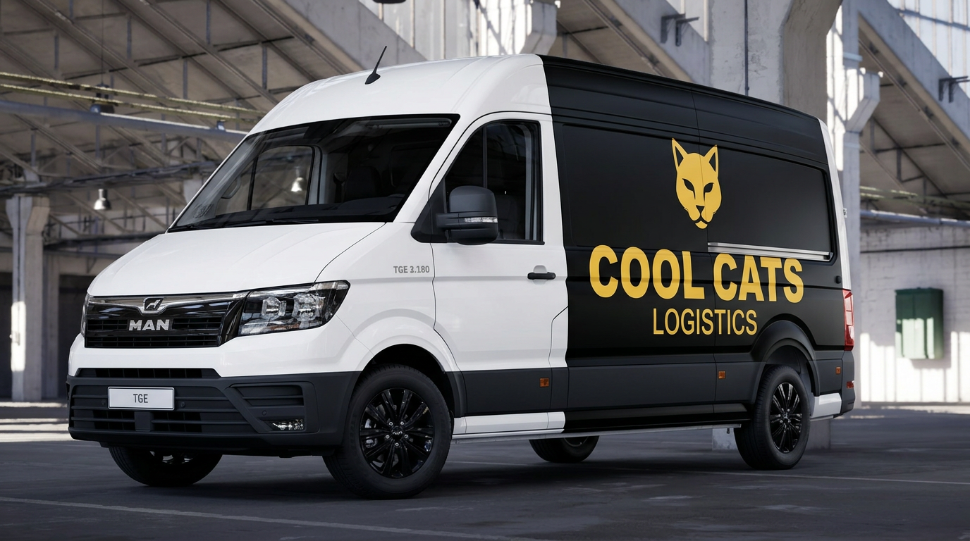 MAN TGE Dry — front view in Cool Cats livery